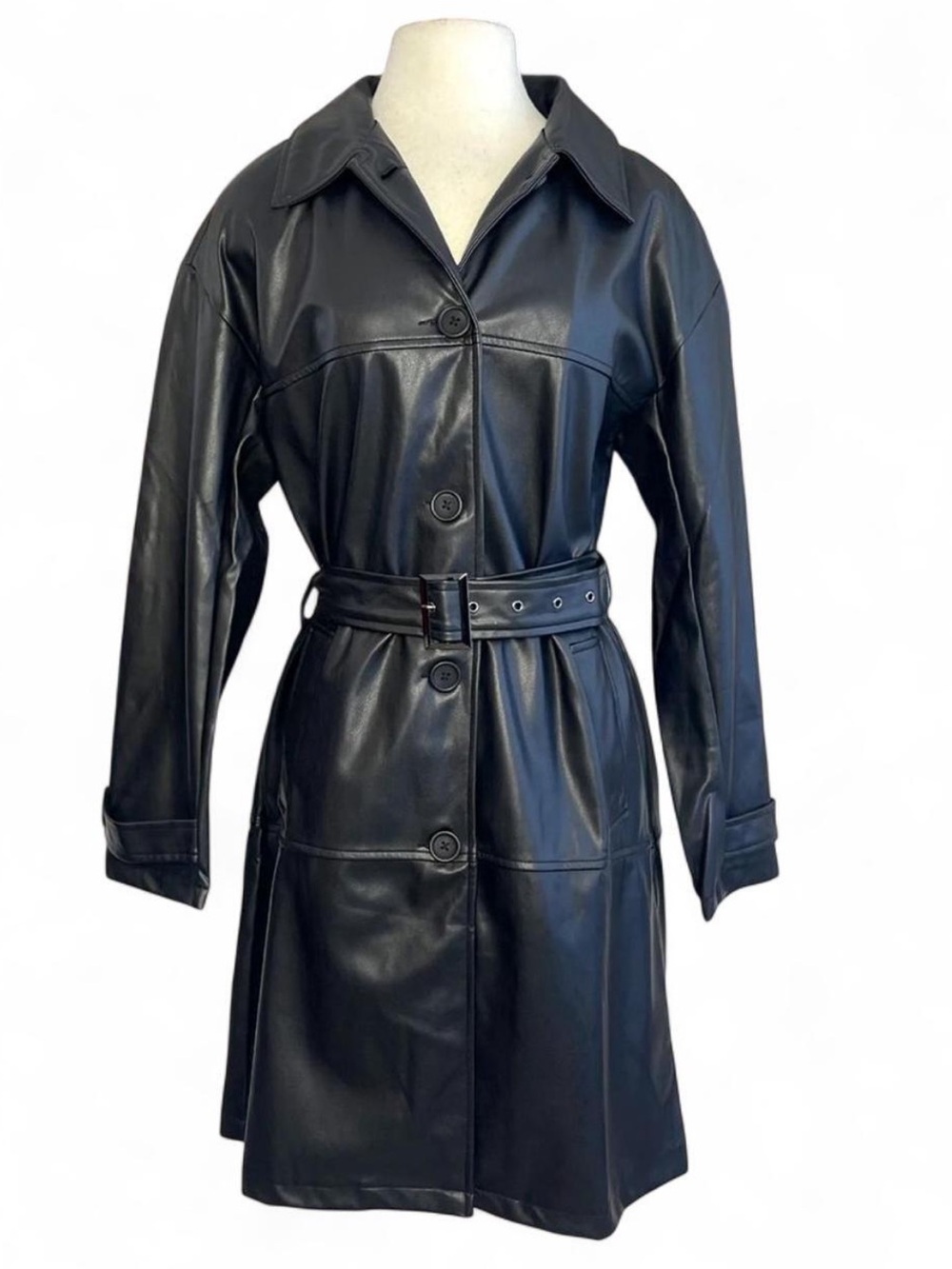 Zara Black Leather Belted Trench Coat